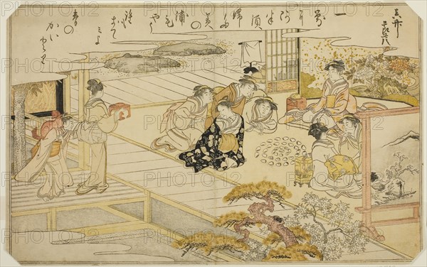 Shell-Matching Game, from the illustrated book Gifts from the Ebb Tide (Shiohi no tsuto), 1789, Kitagawa Utamaro ??? ??, Japanese, 1753 (?)-1806, Japan, Color woodblock print, double-page illustration from book, 9 3/8 x 14 7/8 in.