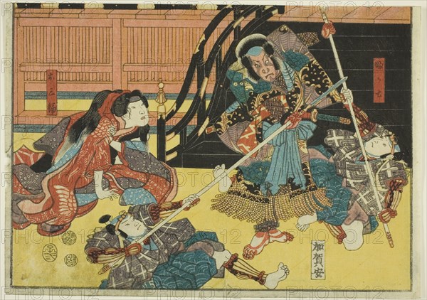 Actors as Fukashichi and Omiwa from the play Imoseyama, from an untitled series of half-block images of kabuki scenes, 1852, Utagawa Kunisada I (Toyokuni III), Japanese, 1786-1864, Japan, Color woodblock print, chuban