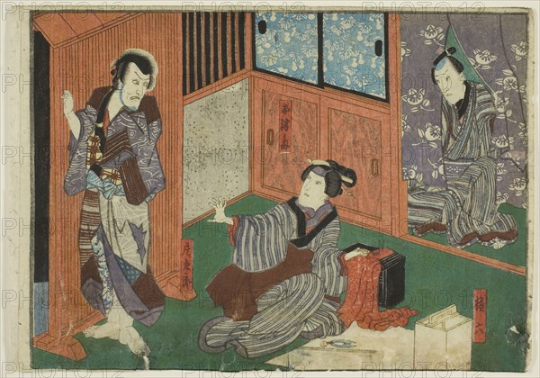 Actors as Genroku, Otsuma, and Shokuro, from an untitled series of half-block images of kabuki scenes, c. 1851/52, Utagawa Kunisada I (Toyokuni III), Japanese, 1786-1864, Japan, Color woodblock print, chuban
