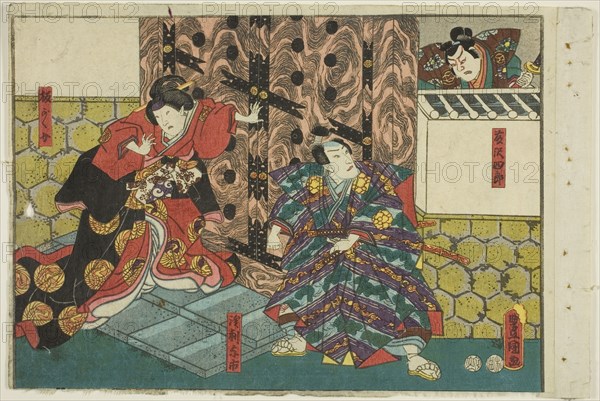 Actors as Fujisawa Shiro, Asari Yoichi, and Hangaku, from an untitled series of half-block images of kabuki scenes, c. 1851/52, Utagawa Kunisada I (Toyokuni III), Japanese, 1786-1864, Japan, Color woodblock print, chuban