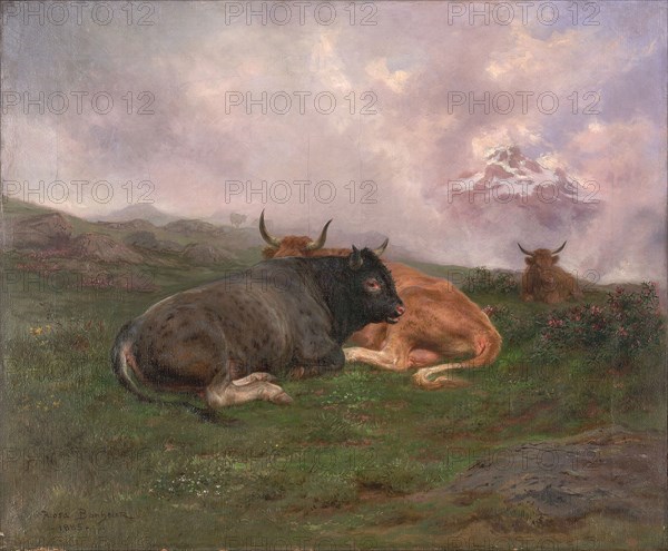 Cattle at Rest on a Hillside in the Alps, 1885, Rosa Bonheur, French, 1822-1899, France, Oil on canvas, 54.9 × 66.4 cm (21 5/8 × 26 1/8 in.)