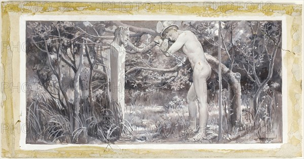 And So He Rested on the Lonely Ground, 1885, Will Hicock Low, American, 1853-1932, United States, Brown and gray gouache, heightened with touches of white gouache, on cream wood-pulp laminate board, 196 x 383 mm