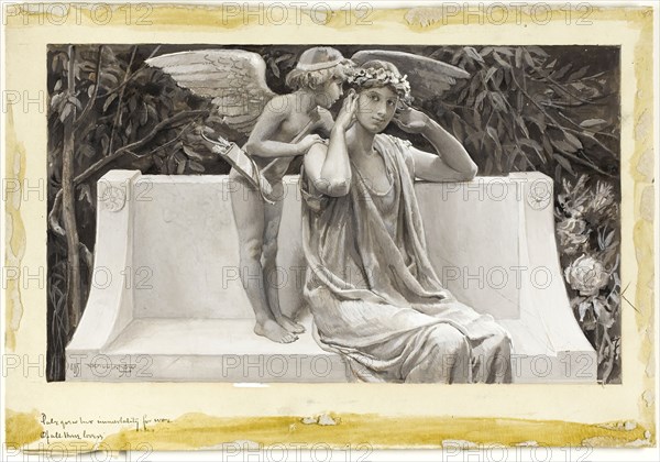 Pale Grew Her Immortality, For Woe of All These Lovers, 1885, Will Hicock Low, American, 1853-1932, United States, Brown and white gouache on cream wood-pulp laminate board, 276 x 401 mm