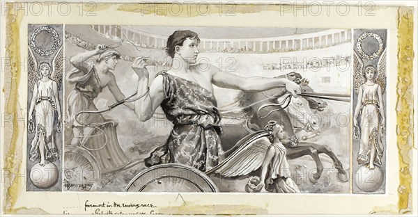 Foremost in the Envious Race, 1885, Will Hicock Low, American, 1853-1932, United States, Gray and white gouache, with touches of brown and black gouache, over traces of graphite, on cream wood-pulp laminate board, 182 x 351 mm