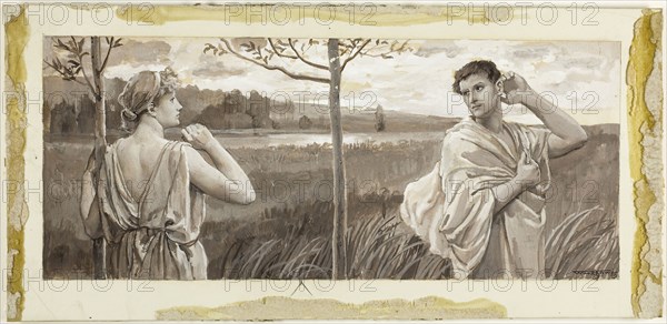 Lycius, Look Back, and Be Some Pity Shown, 1885, Will Hicock Low, American, 1853-1932, United States, Gray and white gouache, with touches of brown gouache, on cream wood-pulp laminate board, 165 x 348 mm