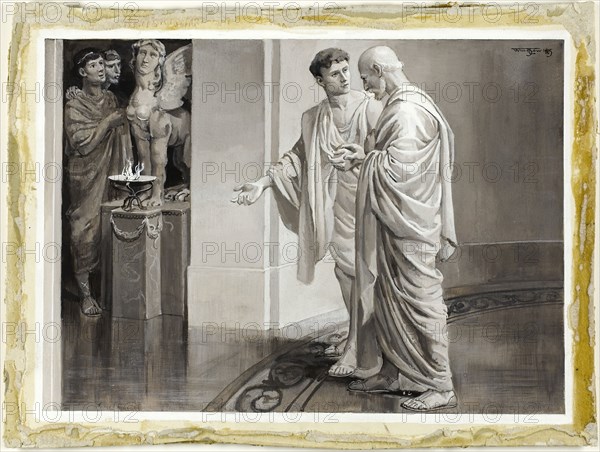 He Met Within the Murmurous Vestibule, His Young Disciple, 1885, Will Hicock Low, American, 1853-1932, United States, Brown, gray and white gouache, with touches of black gouache, on cream wood-pulp laminate board, 268 x 358 mm