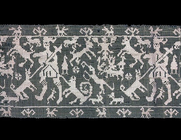 Border, 1601/50, Italy, Northern or Germany, Germany, Silk, plain gauze weave, embroidered with linen in darning stitches (lacis), 82.1 x 19.5 cm (32 3/8 x 7 5/8 in.)