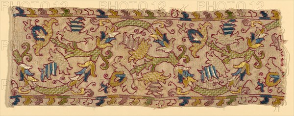 Border, 17th century, Italy, Linen, plain gauze weave, embroidered with silk floss in running, double running and satin stitches, 38.8 x 13.7 cm (15 1/4 x 5 3/8 in.)