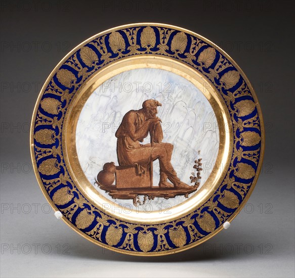Plate, Early 19th century, Sèvres Porcelain Manufactory, French, founded 1740, Sèvres, Hard-paste porcelain with dark blue ground, polychrome enamels, and gilding, 2.6 x 23.3 cm (1 1/8 x 9 1/4 in.)