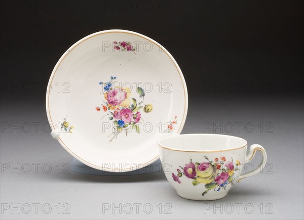 Cup and Saucer, 1778/86, Netherlands, The Hague, Hague, The, Porcelain, polychrome enamels, and gilding, Cup: H. 4.5 cm (1 3/4 in.), diam. 9.2 cm (3 5/8 in.), Saucer: H. 2.9 cm (1 1/8 in.), diam. 13 cm (5 1/8 in.)