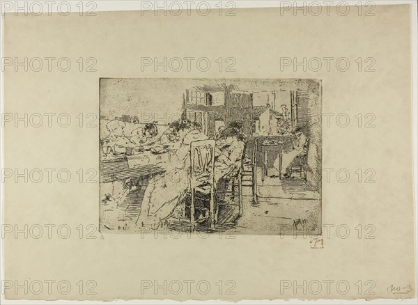 Untitled (Girls Saying Grace), 1885, Robert Frederick Blum, American, 1857-1903, United States, Etching on tan wove paper, 169 x 241 mm (image/plate), 315 x 662 mm (sheet)