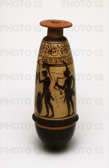 Alabastron (Container for Scented Oil), about 500/480 BC, Greek, Athens, Attributed to the Diosphos Painter, Athens, terracotta, decorated in the black-figure on white ground technique, 16.2 × 6 × 6 cm (6 3/8 × 2 3/8 × 2 3/8 in.)