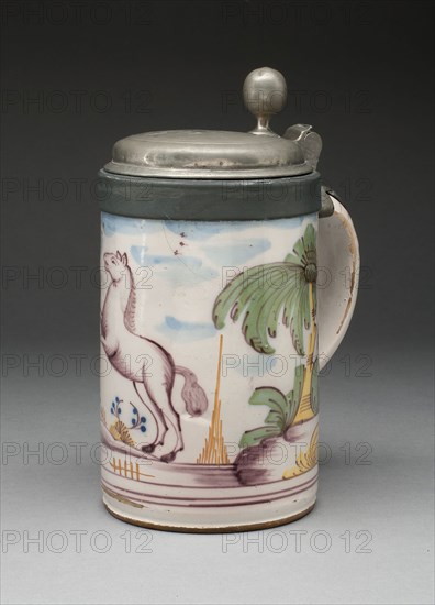 Tankard, c. 1777, Germany, Magdeburg, Magdeburg, Tin-glazed earthenware (faience) and pewter, H. 22 cm (8 5/8 in.), diam. 10.8 cm (4 1/4 in.)