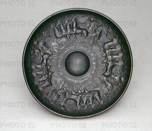 Phiale (Shallow Bowl for Pouring Ritual Libations), 300/250 BC, Greek, Campania, Italy, Cales, terracotta, Calenian relief ware, 3.8 × 19.3 × 19.3 cm (1 1/2 × 7 5/8 × 7 5/8 in.)