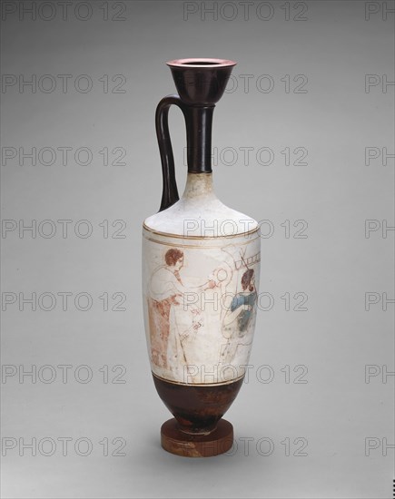 Lekythos (Oil Jar), About 410/400 BC, Attributed to the Reed Painter, Greek, Athens, Athens, terracotta, decorated in the white-ground technique, H. 46.4 cm (18 1/4 in.), diam. 13.4 cm (5 1/4 in.)