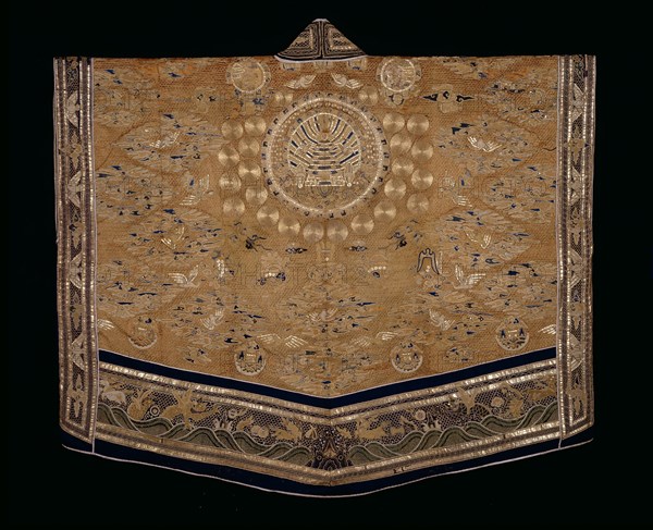Vestment (For a First-degree Taoist Priest), Qing dynasty (1644–1911), 1793, Zheng Wuda? (Hui- chang, active c. 1793), Han-Chinese, China, Silk, warp-float faced 7:1 satin weave, embroidered with silk, peacock-feather-wrapped silk, gold-leaf-over-lacquered-paper-strip-wrapped silk, and gold-leaf-over-lacquered paper in surface satin stitches, laid work and couching, appliquéd with forms of silk, plain weaves between two layers of paper, some with gold- and silver-leaf-over-lacquered paper, and embroidered with silk in chain and knot stitches, needle looping with laid thread and darned bars, and silk and gold-leaf-over-lacquered-paper-strip-wrapped silk, laid work and couching, edged with cotton, plain weave, lined with ramie, plain weave, metal button, 139.6 × 156.2 cm (55 × 61 1/2 in.)