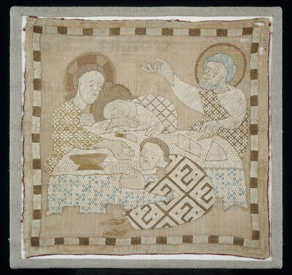 Part of an Antependium (Depicting The Last Supper), 1300/10, Germany, Linen, plain weave, embroidered with linen and silk in pulled thread work in chained border, overcast, and two-sided Italian cross stitches, embroidered in satin, single satin, stem, and stem filling stitches, couching, edged with silk, plain weave tape, 38.3 x 39.4 cm (15 1/8 x 15 1/2 in.)