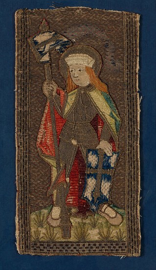 Fragment (From an Orphrey Band), 16th century, Germany, Linen, plain weave, appliquéd with linen, plain weave, embroidered with silk, gilt-animal-substrate-wrapped silk, linen, and wool in split stitches, laid work, couching, and padded couching, 32 x 16.1 cm (12 5/8 x 6 3/8 in.)