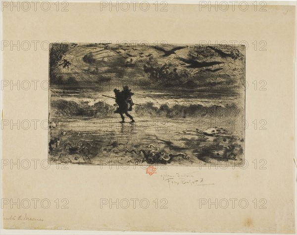The Painter of Seascapes, n.d., Félix Hilaire Buhot, French, 1847-1898, France, Drypoint and aquatint on buff Japanese paper, 128 × 208 mm (plate), 242 × 310 mm (sheet)