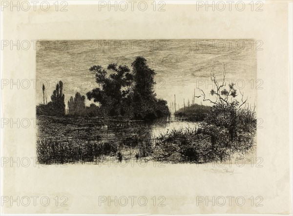 On the Schroon — Evening, 1880, Stephen Parrish, American, 1846-1938, United States, Etching on cream wove paper, 224 x 390 mm (image/plate), 370 x 506 mm (sheet)