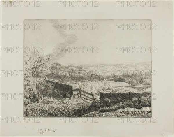 The Meadow Gate, c. 1885, Alphonse Legros, French, 1837-1911, France, Etching and drypoint on ivory laid paper, 167 × 206 mm (plate), 223 × 289 mm (sheet)