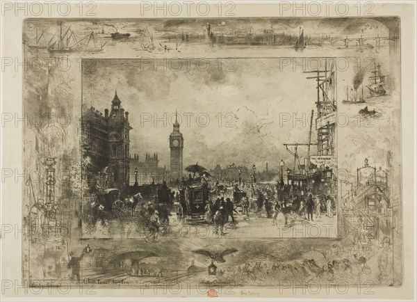 Westminster Clock Tower, 1884, Félix Hilaire Buhot, French, 1847-1898, France, Etching, drypoint, roulette, aquatint, and spit-bite on ivory Japanese paper, 284 × 396 mm (plate), 310 × 432 mm (sheet)