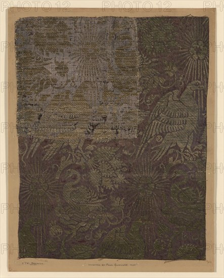 Fragment Supplemented with Drawing, 14th century and 19th century, Drawing by Paul Schultze, Italy, Compound twill satin, plain weave, 47.9 x 37.8 cm (18 7/8 x 14 7/8 in.)