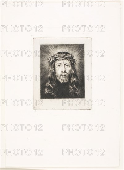 The Face of Christ, 1849, Charles Meryon (French, 1821-1868), after a minature by Elise Brurère (French, 19th century), after a painting by Philippe de Champaigne (French, 1602-1674), France, Etching with roulette on ivory China paper, laid down on ivory wove paper, 81 × 65 mm (image), 106 × 87 mm (plate), 107 × 82 mm (primary support), 242 × 172 mm (secondary support)