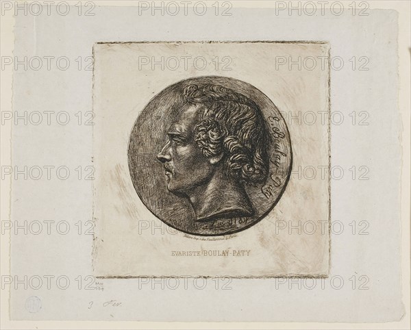 Portrait of the Poet Evariste Boulay-Paty, 1861, Charles Meryon (French, 1821-1868), after Pierre Jean David d’Angers (French, 1788-1856), printed by Auguste Delâtre (French, 1822-1907), France, Etching with burnishing in warm black on grayish ivory laid chine, hinged to ivory laid paper, 106 × 106 mm (image), 106 × 106 mm (plate), 140 × 176 mm (primary support), 236 × 318 mm (secondary support)