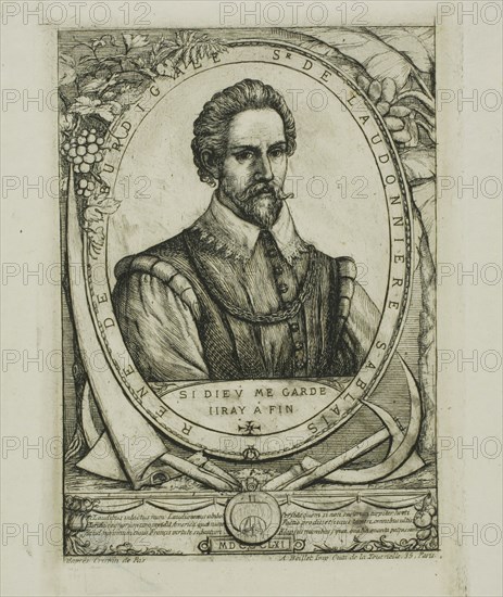 Portrait of René de Laudonnière Sablais (de Burdigale), 1861, Charles Meryon (French, 1821-1868), after Crispin van de Passe (Dutch, 1564-1637), France, Etching and drypoint with foul-biting on grayish-ivory laid chine, 152 × 107 mm (image, including stray marks), 154 × 109 mm (plate), 171 × 157 mm (sheet)