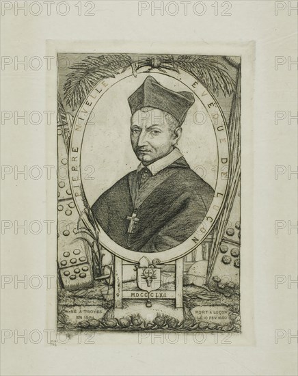 Portrait of Pierre Nivelle, Bishop of Luçon, 1861–62, Charles Meryon (French, 1821-1868), after Michel Lasne (French, c.1590-1667), printed by A. Beillet (French, 19th century), France, Etching, from a tin plate, in warm black with some letters printed à la poupée in red ink, on grayish ivory laid paper, 158 × 108 mm (image), 158 × 108 mm (plate), 216 × 165 mm (sheet)