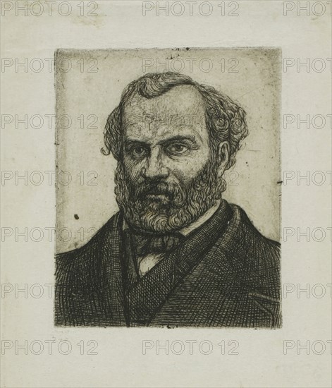 Portrait of Armand Guéraud of Nantes, Printer and Man of Letters, 1861–62, Charles Meryon, French, 1821-1868, France, Etching, from tin plate, on grayish ivory laid chine, hinged to ivory laid paper, 58 × 47 mm (image), 58 × 47 mm (plate), 91 × 74 mm (primary support), 371 × 302 mm (secondary support)