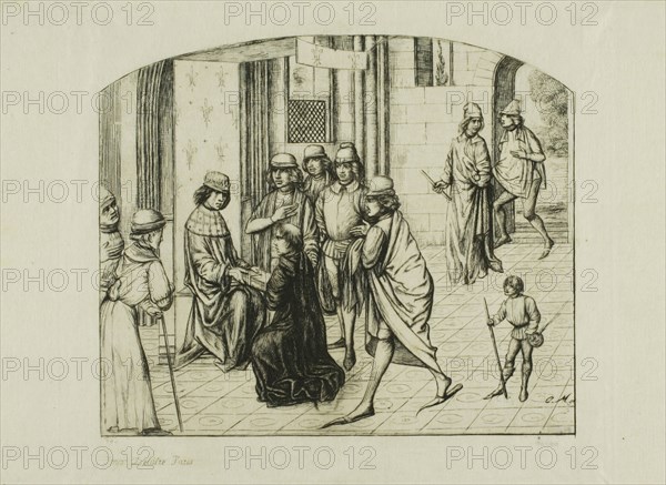 The Printer Valère Maxime being Presented to King Louis XI, 1860, Charles Meryon (French, 1821-1868), printed by Auguste Delâtre (French, 1822-1907), France, Etching and drypoint on ivory Japanese paper, 142 × 172 mm (image), 173 × 201 mm (plate), 198 × 279 mm (sheet)
