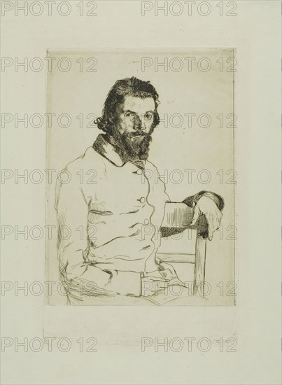 Portrait of Meryon, 1853, Felix Bracquemond, French, 1833–1914, France, Etching on light blue laid paper, 230 × 155 mm (plate), 316 × 236 mm (sheet)