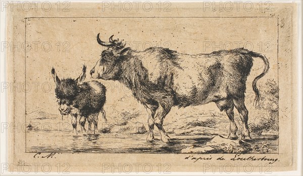 The Cow and Ass, 1849, Charles Meryon (French, 1821-1868), after Philip Jacques de Loutherbourg (French, 1740-1812), France, Etching, printed in black, on tan wove paper, 65 × 120 mm (image), 76 × 132 mm (plate), 80 × 138 mm (sheet)