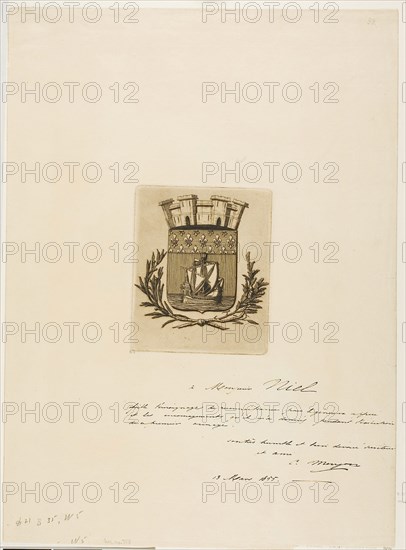 Arms Symbolical of the City of Paris, 1854, Charles Meryon, French, 1821-1868, France, Etching in warm black with plate tone on ivory laid paper, 136 × 112 mm (image), 136 × 112 mm (plate), 440 × 322 mm (sheet)