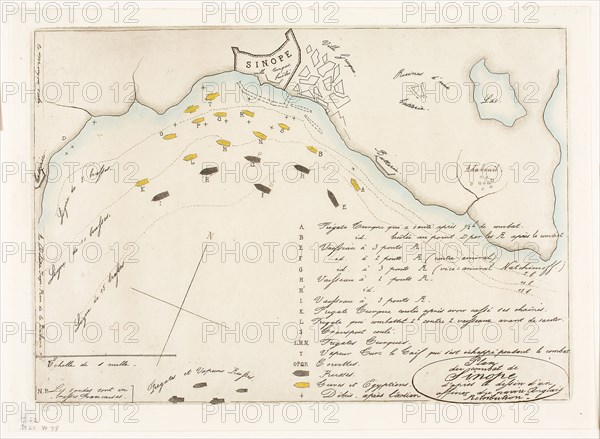 Plan of the Battle of Sinope, 1853, Charles Meryon (French, 1821-1868), printed by Auguste Delâtre (French, 1822-1907), published by Charles Tanera (French, 19th century), France, Etching and roulette in black and tinted with watercolor in blue and yellow on paper, 182 × 261 mm (image), 182 × 262 mm (plate), 204 × 281 mm (sheet)