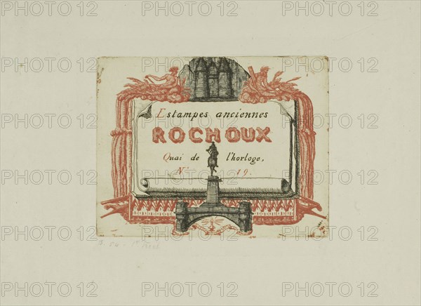 Address-Card of the Printseller, Rochoux, c. 1855, Charles Meryon (French, 1821-1868), printed by Auguste Delâtre (French, 1822-1907), France, Etching, from two plates, one printed in black and the other in red, on ivory laid paper, 93 × 119 mm (image), 93 × 119 mm (plate), 190 × 250 mm (sheet)