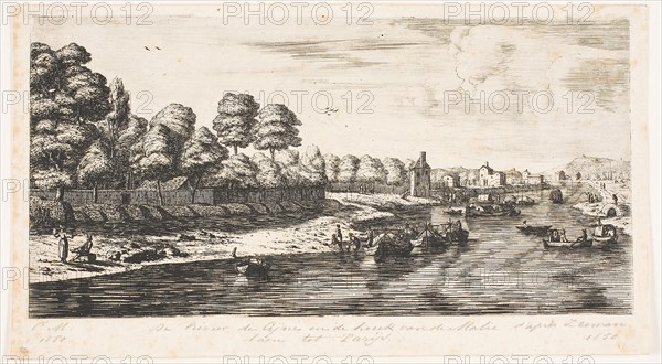 The River Seine and the Corner of the Mall, Paris, 1850, Charles Meryon (French, 1821-1868), after Reinier Nooms (Dutch, c. 1623-c. 1664), France, Etching, engraving and roulette on ivory laid card, 119 × 239 mm (image), 135 × 245 mm (plate), 140 × 252 mm (sheet)