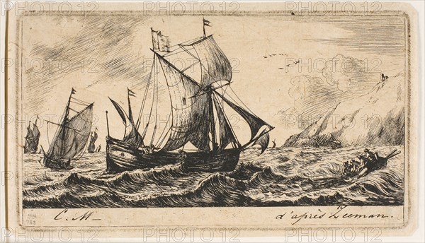 The Galliot of Jean de Vyl of Rotterdam, 1850, Charles Meryon (French, 1821-1868), after Reinier Nooms (Dutch, c. 1623-c. 1664), France, Etching, engraving and roulette on tan wove paper, 67 × 119 mm (image), 67 × 119 mm (plate), 72 × 124 mm (sheet)