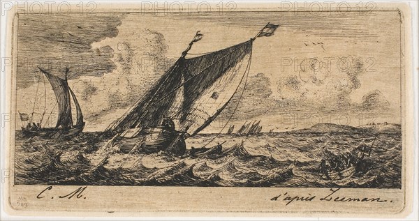 Haarlem Boats in Amsterdam, 1850, Charles Meryon (French, 1821-1868), after Reinier Nooms (Dutch, c. 1623-c. 1664), France, Etching, engraving and roulette on tan laid chine, hinged to ivory laid paper, 68 × 124 mm (image), 68 × 124 mm (plate), 68 × 128 mm (primary support), 314 × 455 mm (secondary support)
