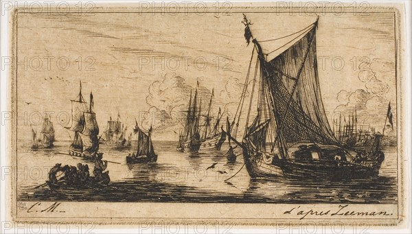 South Sea Fishers, 1850, Charles Meryon (French, 1821-1868), after Reinier Nooms (Dutch, c. 1623-c. 1664), France, Etching, engraving, drypoint and roulette on tan wove paper, 67 × 120 mm (image), 67 × 120 mm (plate), 70 × 123 mm (primary support), 311 × 455 mm (secondary support)
