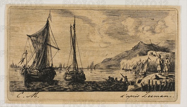 Calais Boats in Vlissingen, 1850, Charles Meryon (French, 1821-1868), after Reinier Nooms (Dutch, c. 1623-c. 1664), France, Etching, drypoint, engraving and roulette on tan laid paper, hinged to ivory laid paper, 67 × 121 mm (image), 67 × 121 mm (plate), 71 × 125 mm (primary support), 317 × 453 mm (secondary support)