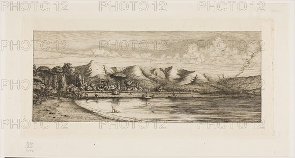 Seine Fishing off Collier’s Point, Akaroa, Banks’ Peninsula, 1845, 1863, Charles Meryon, French, 1821-1868, France, Etching and drypoint on ivory laid paper, 155 × 325 mm (image), 155 × 325 mm (plate), 199 × 367 mm (sheet)