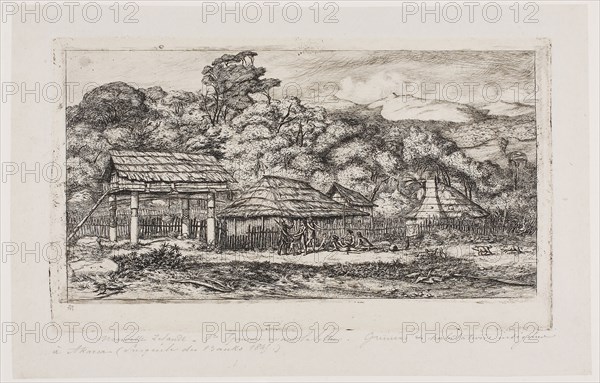 Native Barns and Huts at Akaroa, Banks’ Peninsula, 1845, 1865, Charles Meryon, French, 1821-1868, France, Etching and drypoint on grayish ivory laid paper, laid down on ivory laid paper, hinged to cream wove board, 143 × 243 mm (image), 143 × 243 mm (plate), 181 × 280 mm (primary support), 230 × 316 mm (secondary support), 260 × 350 mm (tertiary support)