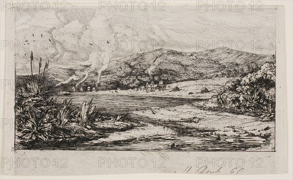 The Little French Colony at Akaroa, 1845, 1865, Charles Meryon, French, 1821-1868, France, Etching and drypoint, with graphite additions in sky on grayish ivory laid paper, 95 × 152 mm (image), 96 × 157 mm (sheet)