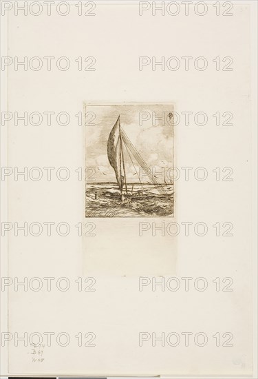 Swift-Sailing Proa, Mulgrave Archipelago, Oceania, 1866, Charles Meryon, French, 1821-1868, France, Etching with drypoint, burnishing and scraping on ivory laid paper, 145 × 80 mm (image), 145 × 80 mm (plate), 305 × 202 mm (sheet)