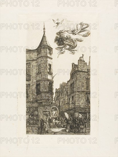 House with a Turret, No 22, rue de l’Ecole de Médecine, Paris (called the Turret of Marat), 1861, Charles Meryon, French, 1821-1868, France, Etching on ivory laid paper, 209 × 130 mm (image), 211 × 130 mm (plate), 310 × 220 mm (sheet)