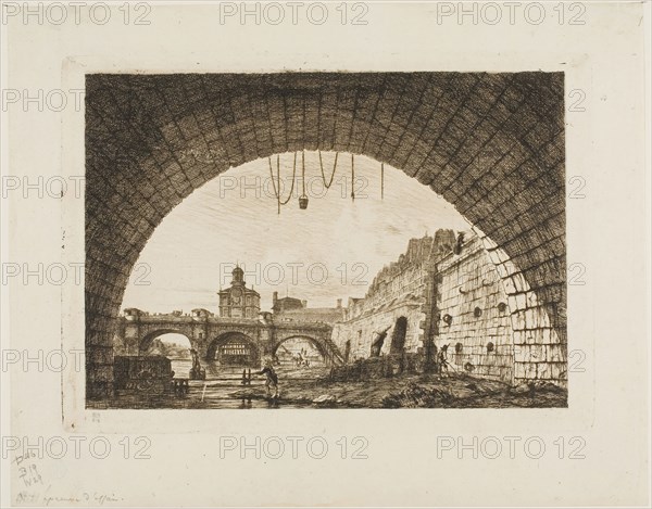 Pont-Neuf and the Samaritaine Seen from Under the First Arch of the Pont-au-Change, Paris, 1855, after a drawing of the mid–1780s, Charles Meryon (French, 1821-1868), after Victor Jean Nicolle (French, 1754-1826), France, Etching in dark brown on ivory laid paper, 145 × 204 mm (image, including stray marks), 145 × 204 mm (plate), 192 × 244 mm (sheet)