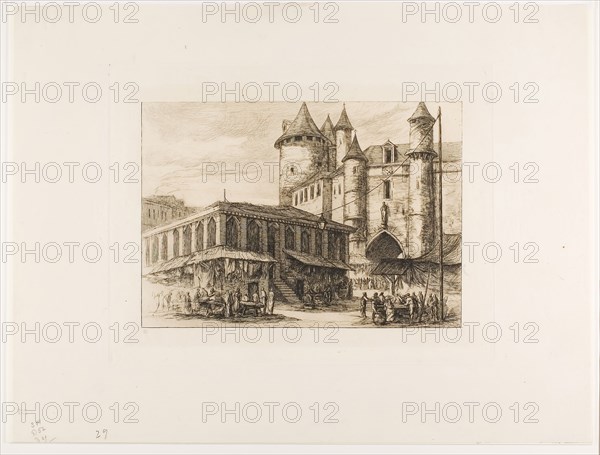 The Grand Châtelet, Paris, c. 1780, after an earlier drawing, 1861, Charles Meryon, French, 1821-1868, France, Etching and drypoint on ivory laid paper, 175 × 249 mm (image), 234 × 300 mm (plate), 341 × 450 mm (sheet)